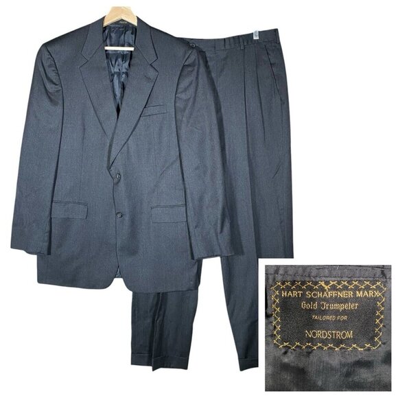 Hart Schaffner Marx Suit 42L/35W Charcoal Grey Wool 2 Piece Jacket + Pants